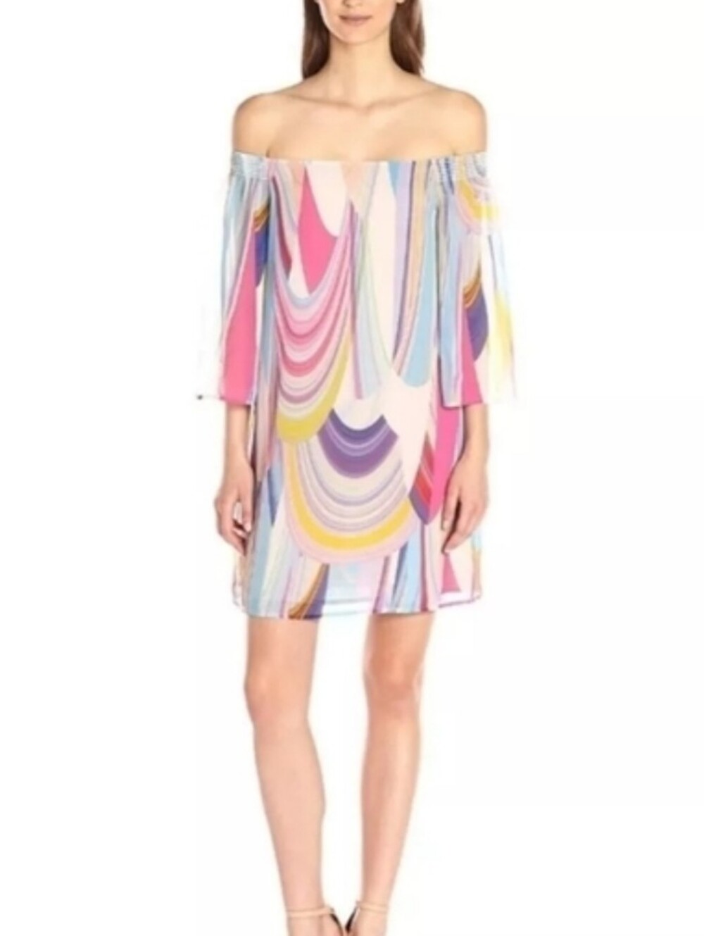 Trina Turk Amaris Rainbow Off Shoulder Reflections Georgette Dress